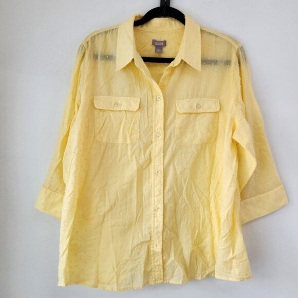 Chico's Butter Yellow Casual Button Down Blouse Top Shirt French Dot XL (3) - Picture 1 of 5